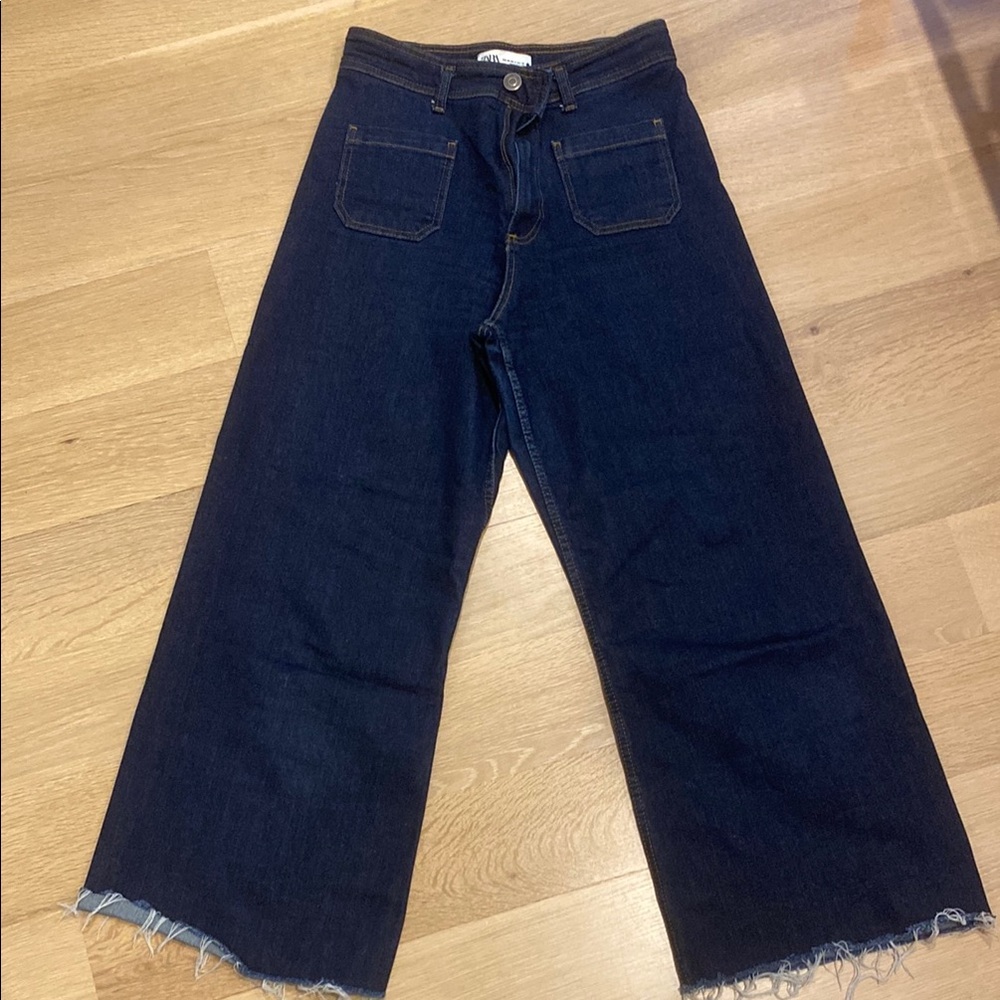 Zara Women's Cropped Wide-Leg Dark Blue Jeans